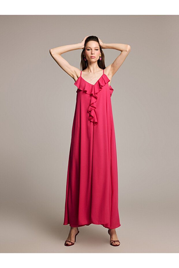 Fuchsia V-Neck Ruffled Evening Dress with Rope Straps