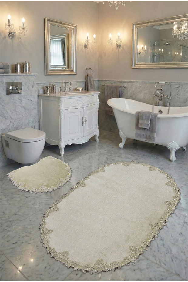 Kozan Non-Slip Base, Dowry Box, Soft Lace Detailed 2-Piece Super Luxury Oval Bath Mat Set