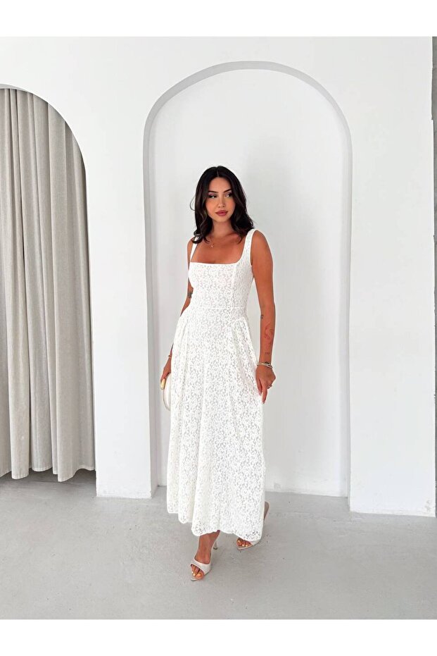 Lace Textured Square Neck Midi Dress Elegant Women's Summer Dress