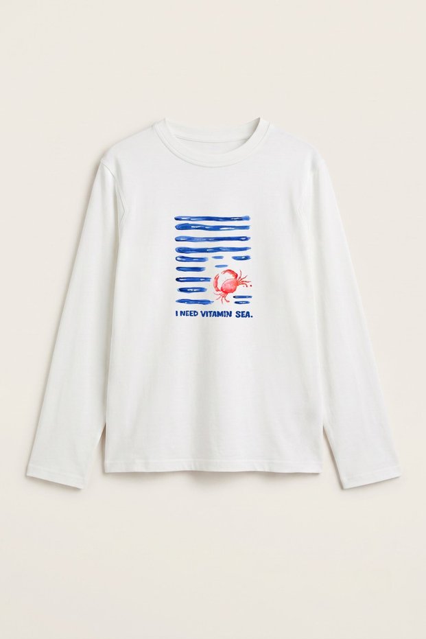 Women's Long Sleeve T-Shirt Vitamin Sea Printed White – Flexible Fabric, Comfortable Fit, Crew Neck