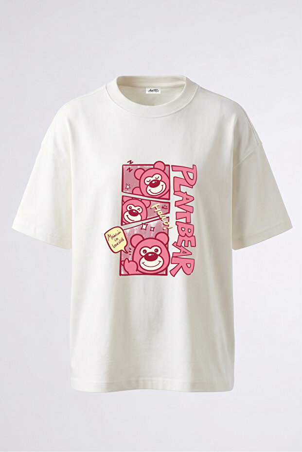 Plat Bear Design Back Printed Cotton White Oversize T-Shirt