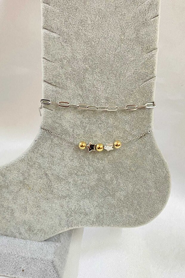 Silver Color Globe Star Model Esme and Sf Chain Steel Anklet - 3281