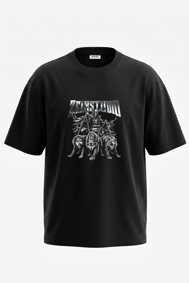 Kafatasi Kurtlar Design Back Printed Cotton Black Oversize T-Shirt
