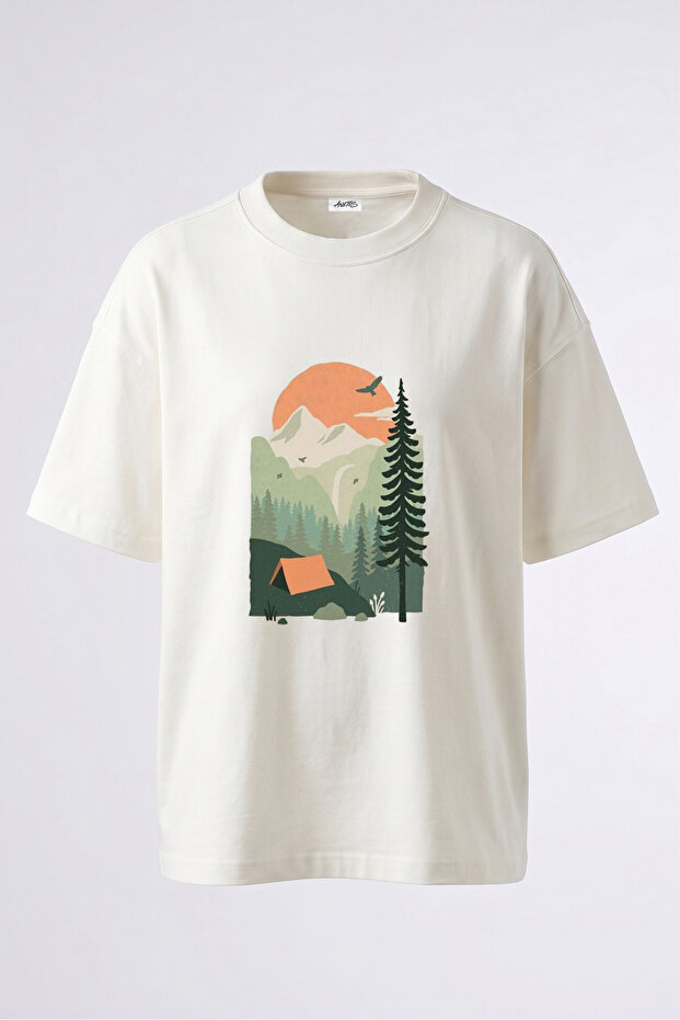 Camping Mountain Design Back Printed Cotton White Oversize T-Shirt