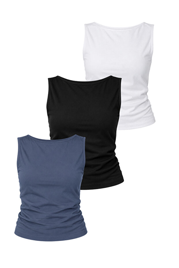 Women's Side Gathered Back Detailed Athlete T-Shirt (95% Cotton), (White, Black, Anthracite)