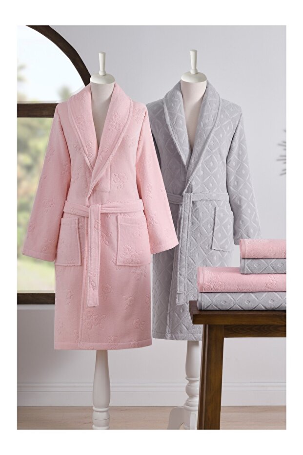 Mayra Velvet Family Set-Bathrobe Set 6 Pieces Gray Pink