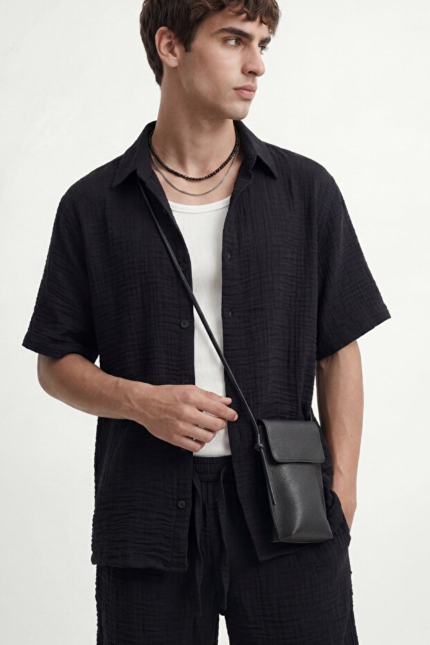 Black Wrinkled Look Men's Shirt