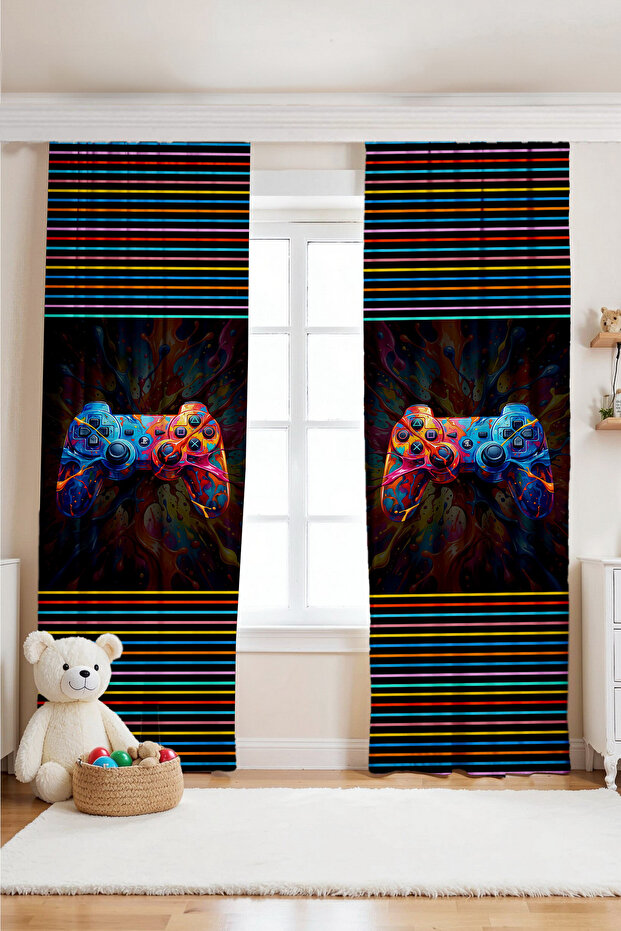 Energetic Game Handle Patterned Children's Baby Room Background Curtain (Single Wing Pricing)