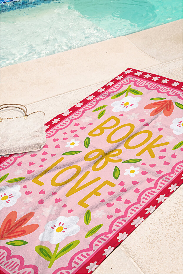 Floral Themed Pink Beach Towel - Romantic Bohemian Red Edged Quick-Dry Microfiber Towel