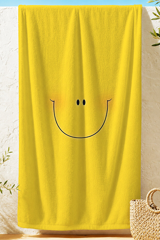 Yellow Smile Themed Minimalist Beach Towel - Modern Cheerful Children's Quick-Drying Microfiber Towel
