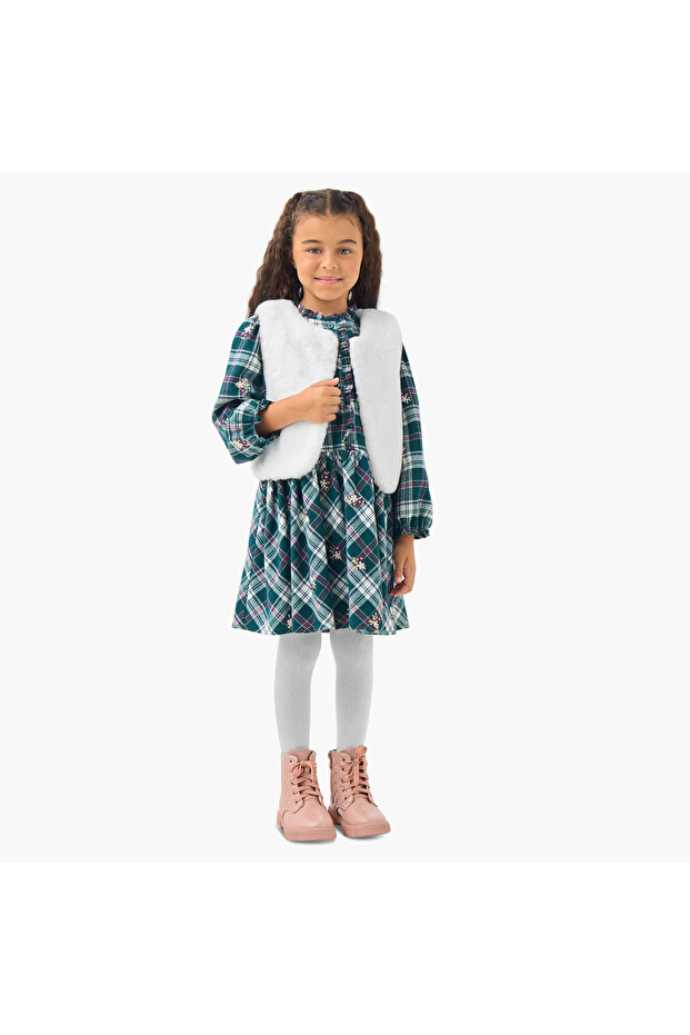 Henley Neck Long Sleeves Knee Length Dress with Checked Design