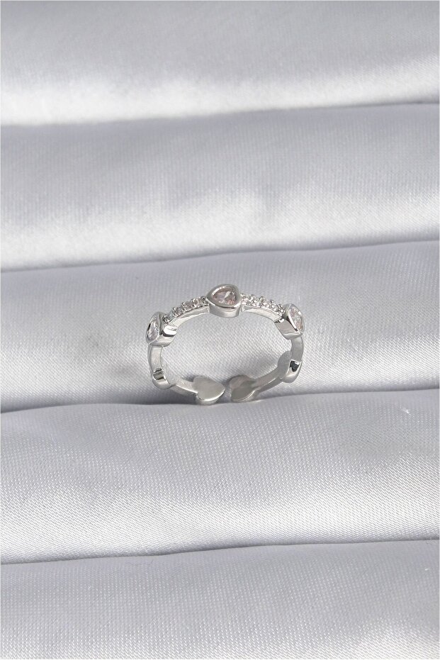 Brass Silver Color Heart Model Zircon Stone Detail Women's Ring