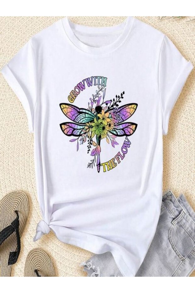 Colorful Winged Flower Printed Oversize T-Shirt