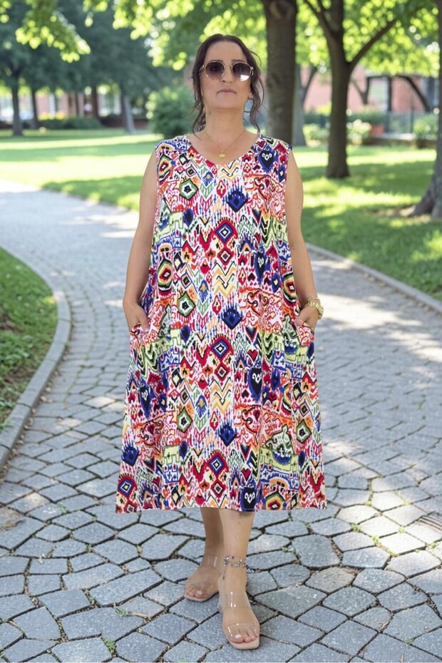 Kayik Yaka Jopone Kol(Without Collar) Ethnic Patterned Bell Cut Extra Large Size Flawed Dress