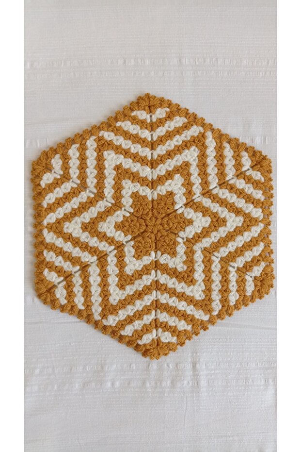 Hand Knitted Hexagonal Dowry Washcloth - Mustard Yellow White Crochet Bath Washcloth