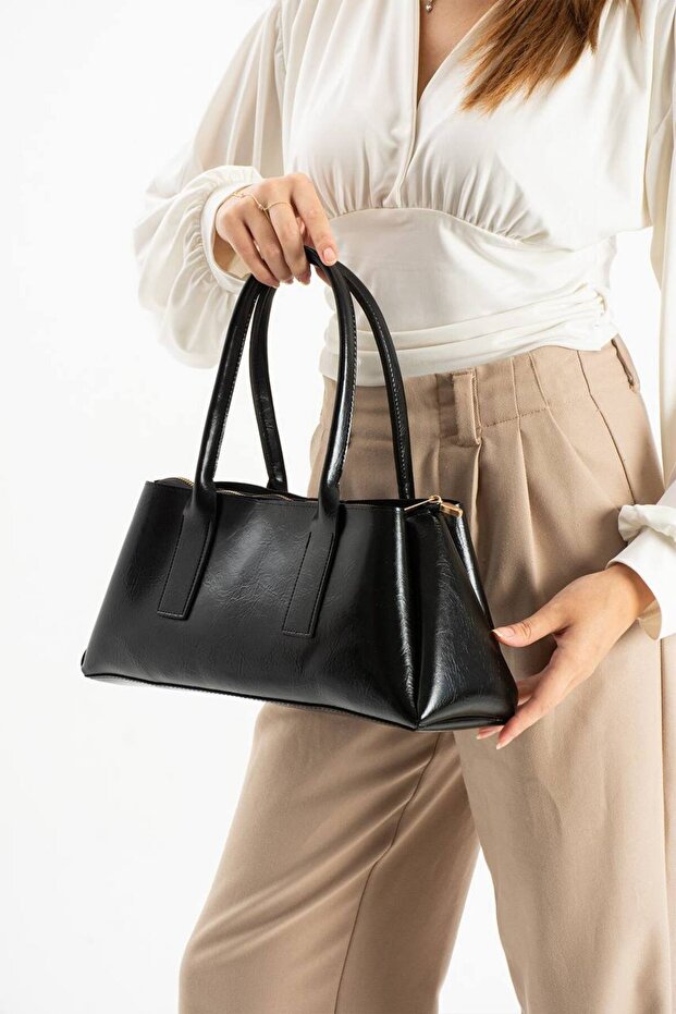 Double Handle Shiny Textured Women's Shoulder and Shoulder Bag (Medium Size)