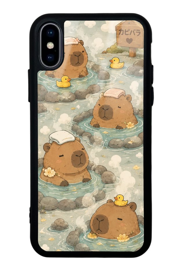 iPhone X - XS Glossy Phone Case with Capybara Onsen Design