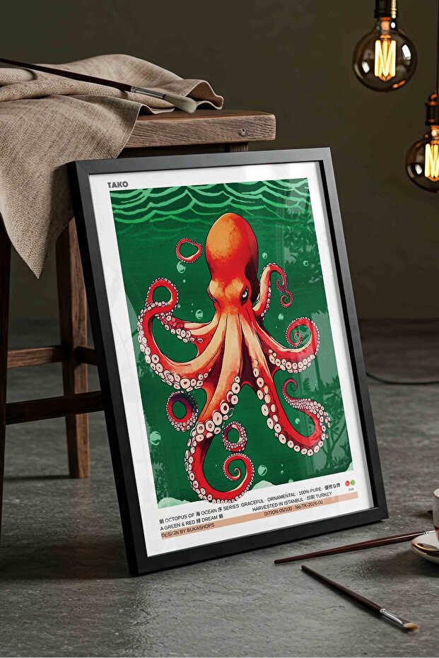 Octopus Painting Red Green Ocean – Modern Illustration Art Poster – Black Framed