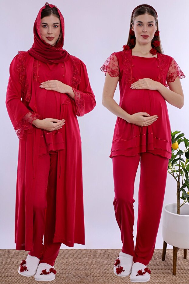 Adjustable Waist Elasticated Maternity Pajama Set with Hijab Effortt - Cherry