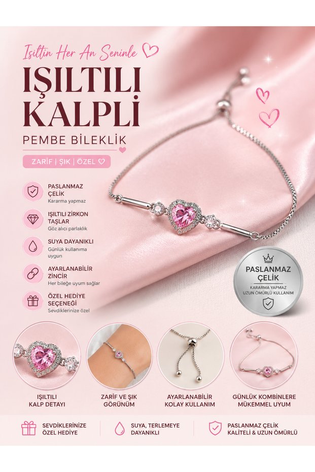 Stainless Steel Pink Heart Bracelet | Adjustable Stone Detailed Women's Bracelet