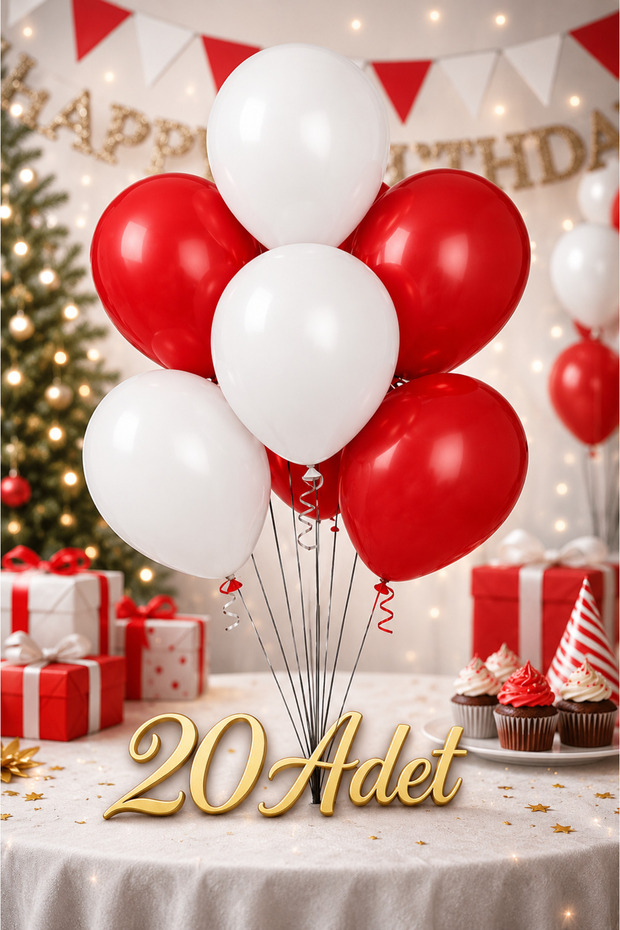 Metallic Red White Shiny 20 Pieces (10+10) Balloons Birthday Celebration Ornament and Material