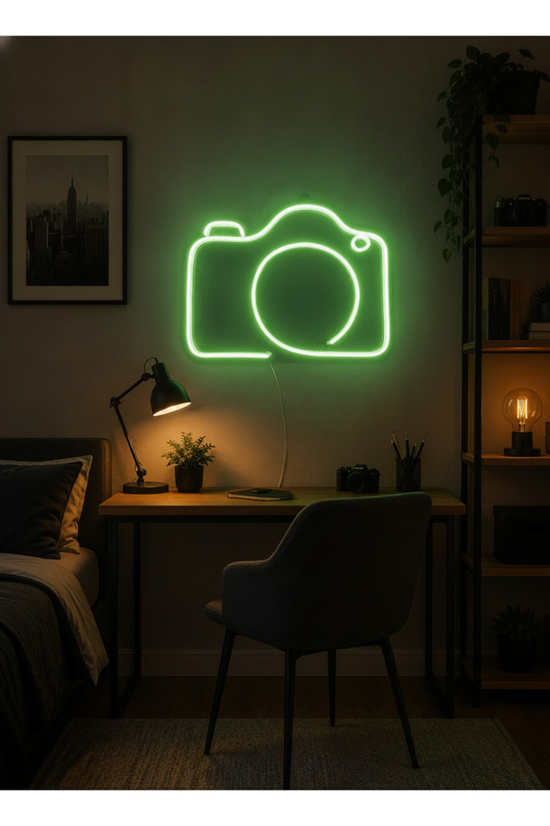Kamera Figürlü LED Neon Tablo | Yeşil Aydınlatmalı Dekor | Fotoğrafçı Hediyesi - 1