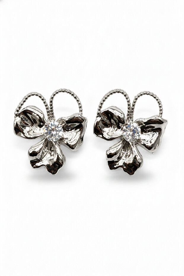 White Color Bow Design Shiny Stone Women's Earring Pair