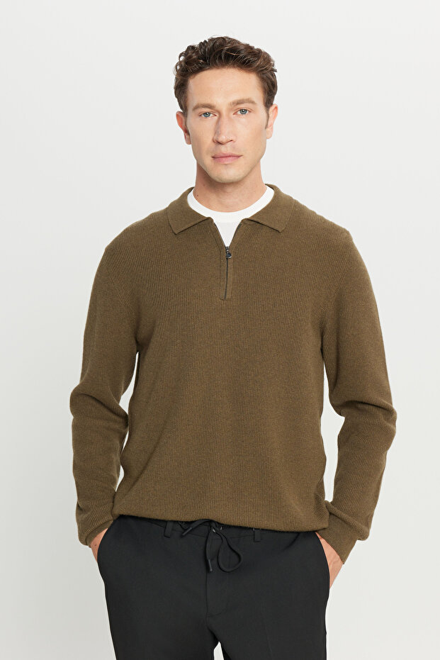 Men's Khaki Wool Warm Standard Fit Regular Cut Polo Collar Knitwear Sweater