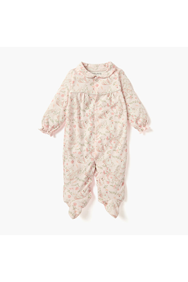 Swan Print Sleepsuit with Collar and Long Sleeves