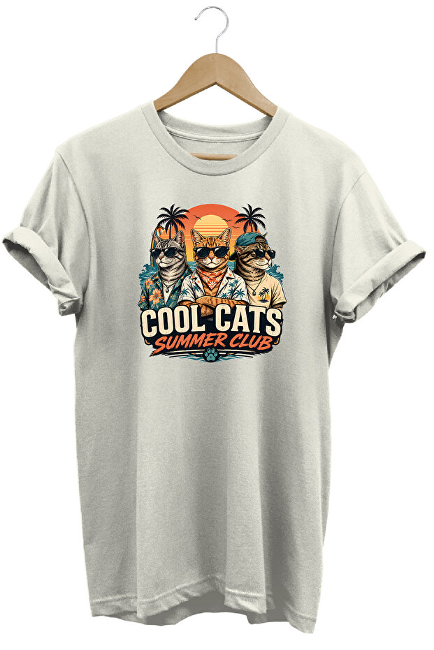Cool Cats Summer Club Unisex Cat Printed Summer Themed Regular Fit Crew Neck T-Shirt