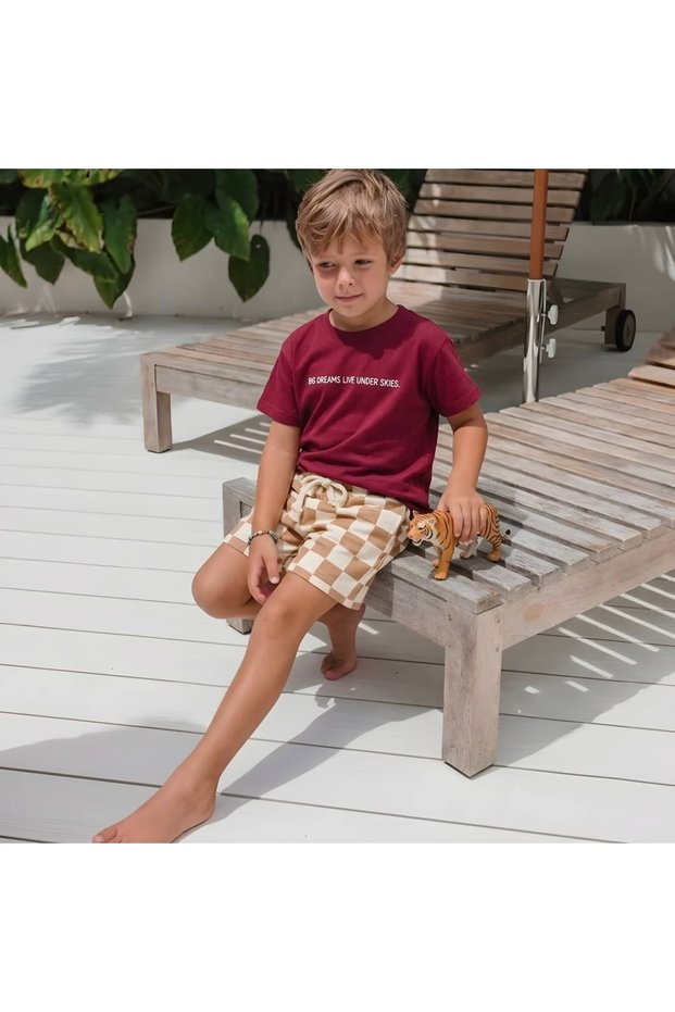 Girls' and Boys' Summer T-Shirt and Shorts Set with Tiger Pattern, Burgundy Cotton, Ages 2-8