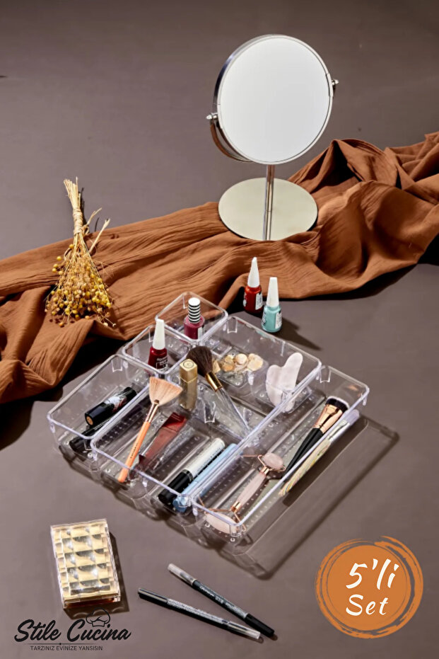 5 Piece Adjustable Drawer Organizer Makeup and Jewelry Organizer Transparent