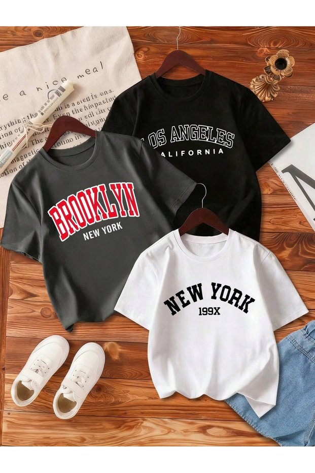 Printed Black - White - Anthracite 3-Piece Children's T-Shirt 100% Cotton Short Sleeve Knitted Crew Neck