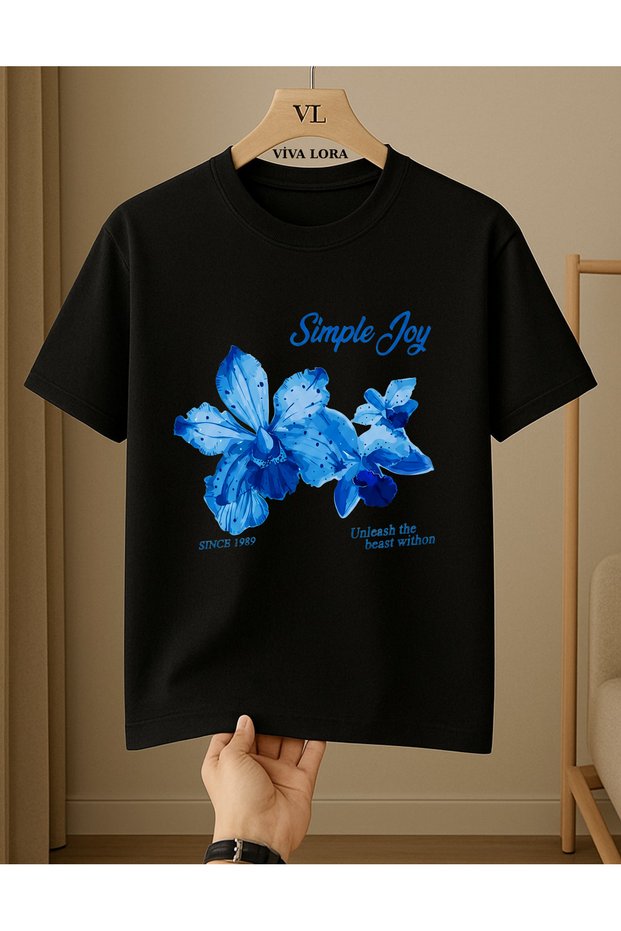 Flower Printed Women's Regular Crew Neck 100% Cotton T-Shirt