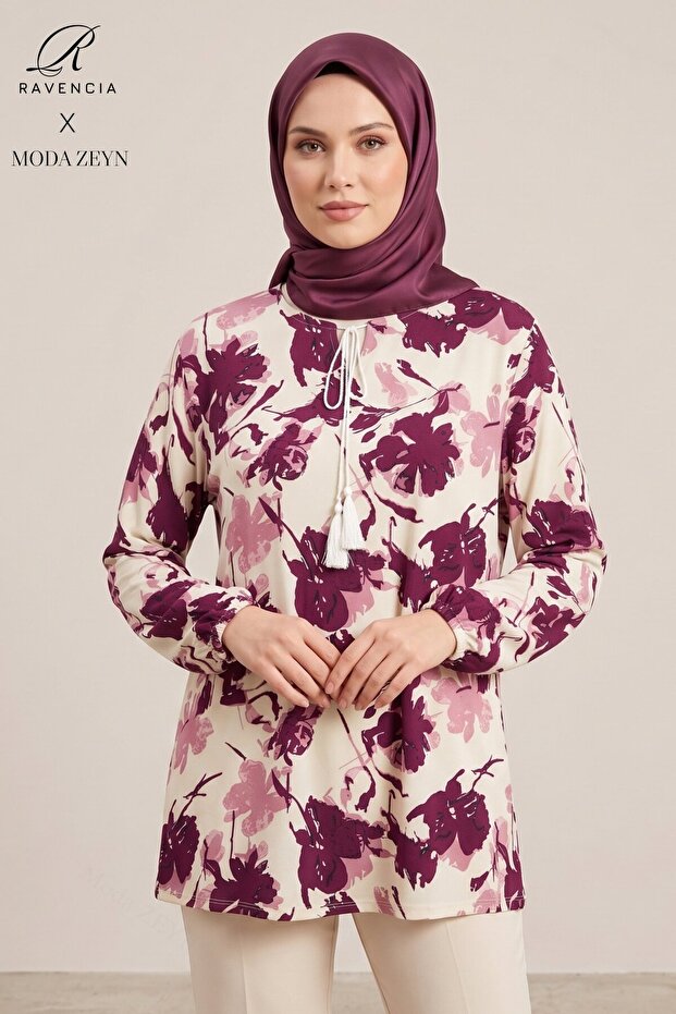 Women's Floral Patterned Crew Neck Lace-Up Woven Viscose Blouse