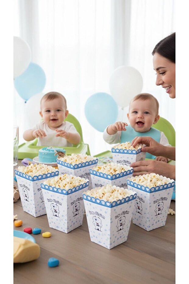 Blue First Tooth Themed Popcorn 8 Pieces Corn Box