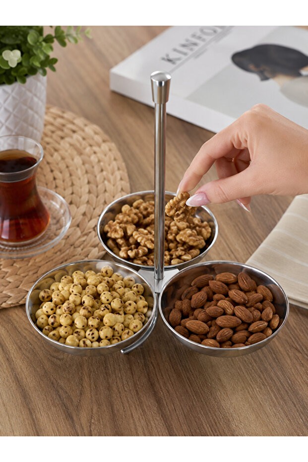 Stainless Steel 3-Compartment Snack Bowl with 8 cm Container, Metal Serving Dish