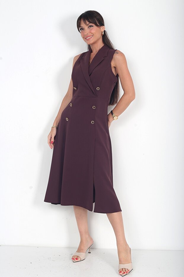 Women's Double Breasted Collar Lined Double Slit Button Detailed Midi Crepe Dress