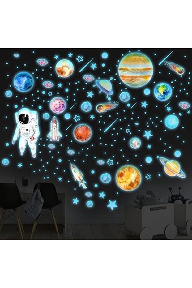 Glow-in-the-Dark Planet Wall Decals, Self-Adhesive Solar System Astronaut Night Light Wall Decals, Kids' Room Decor