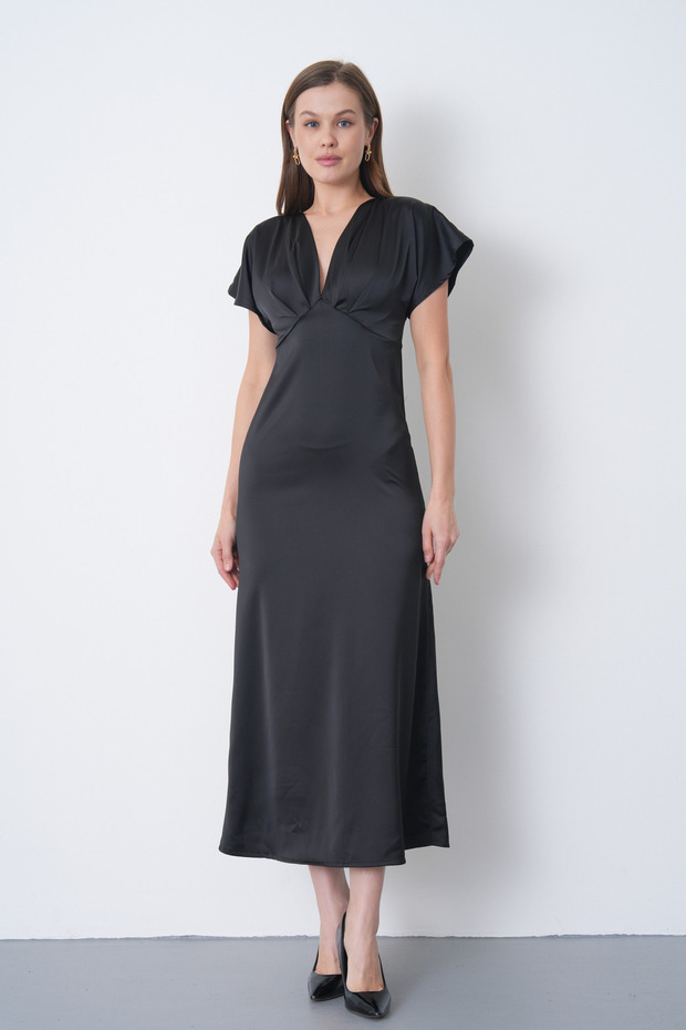 Women's Satin Fabric V-Neck Design Midi Black Evening Dress Black Event Dress 77167