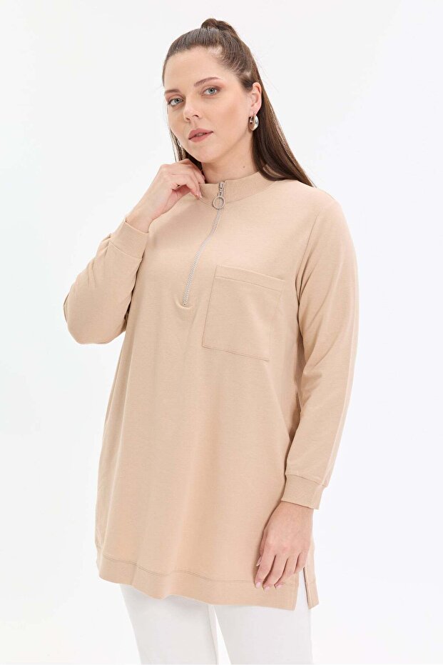 Two-Thread Stand Collar Zippered Single-Pocket Tunic