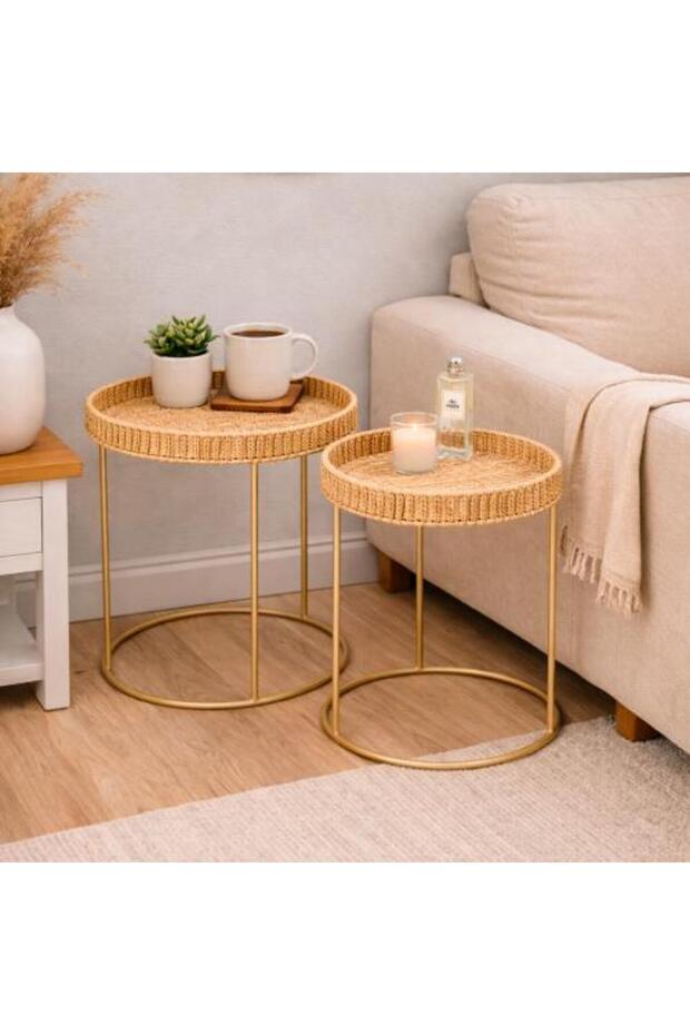 Round Wicker Side Tables Set with Golden Metal Base, Two Pieces