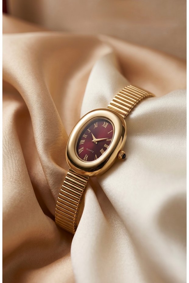 Classic Women's Steel Watch Gold Color & Burgundy Dial Oval Case Vintage Old Money Luxury Classic Elegant Stylish Women's Wristwatch | Premium Women's Steel Watch 2026