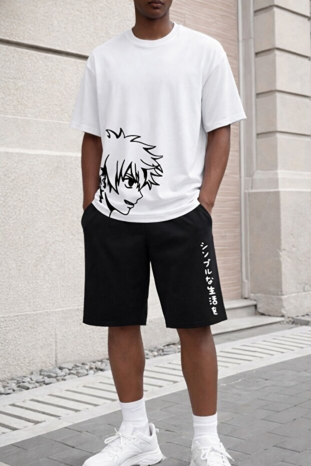 Unisex Oversize Anime Printed Shorts Set – Casual Wear Comfortable Cut Double Combination Unisex Set