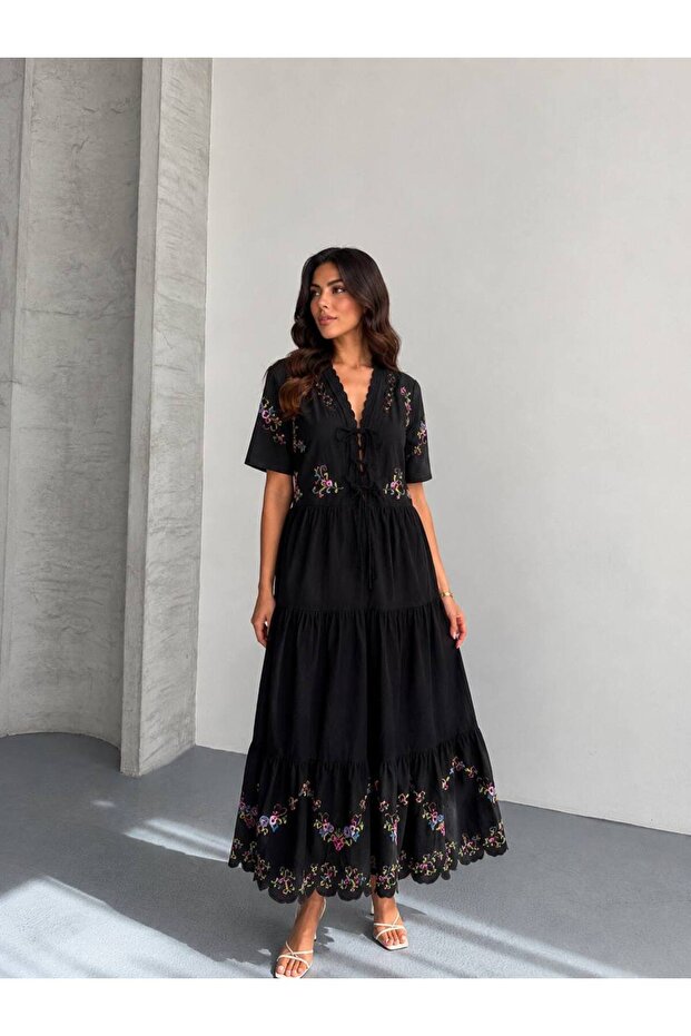 Women's Etamin Embroidered Linen Dress with Elastic Waist