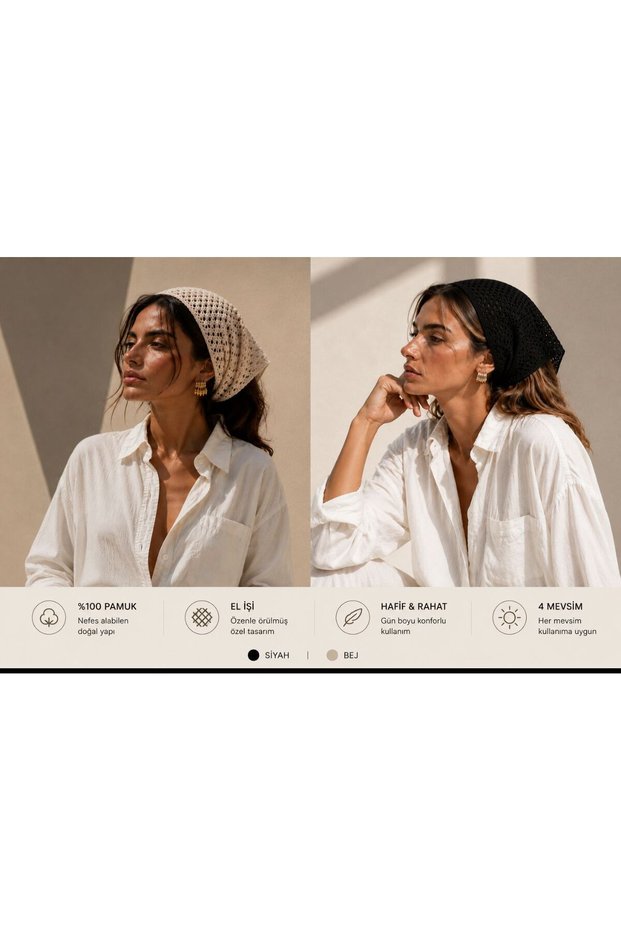Women's Mesh Knitted Bandana Summer Perforated Knitwear2-Piece Black-Beige Hair Bandana Beach Compatible