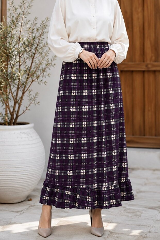 Purple Patterned Skirt with Elastic Waist and Ruffles at the Bottom