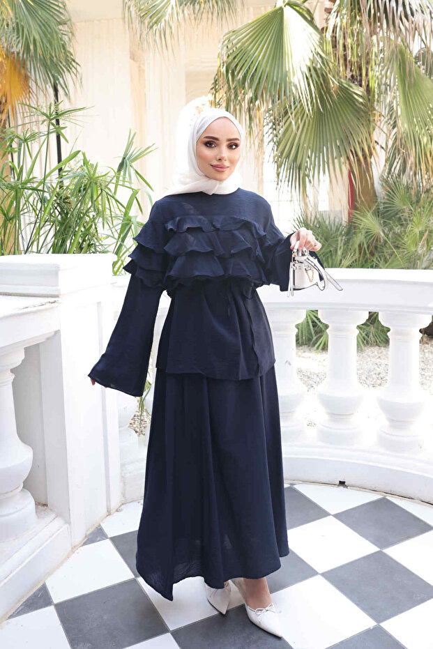 Navy Blue Shirt and Layered Skirt Set