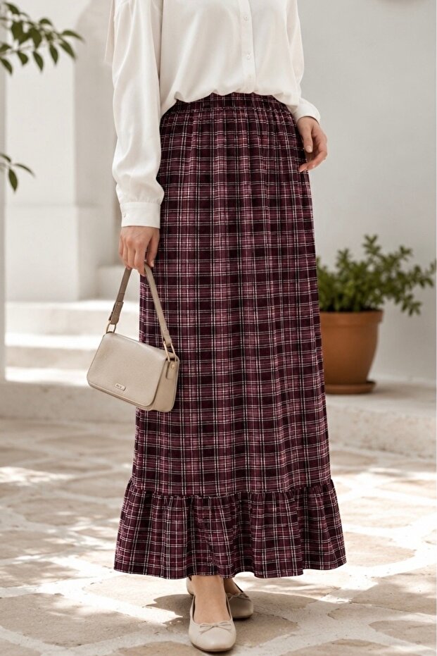 Plum Color Elastic Waist Patterned Skirt with Ruffles at the Bottom