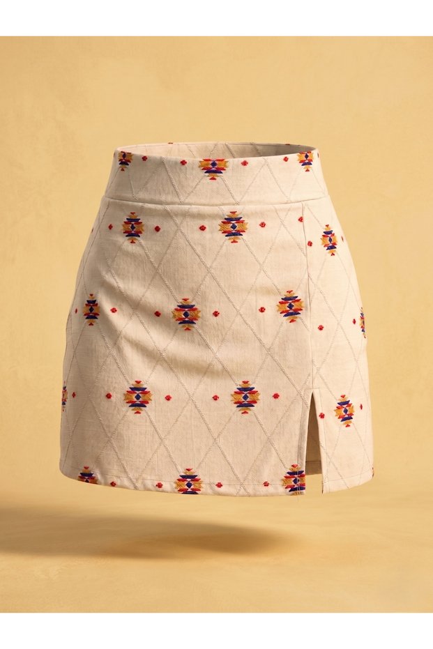Women's Cream Ethnic Embroidered Linen Zipper Mini Shorts Skirt with Slits Authentic Patterned Summer Zipper Shorts Skirt